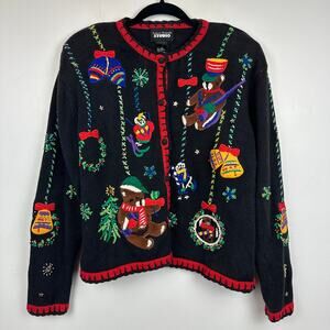Vintage Designer Originals Womens Button-Up Retro Christmas Black Cardigan Large